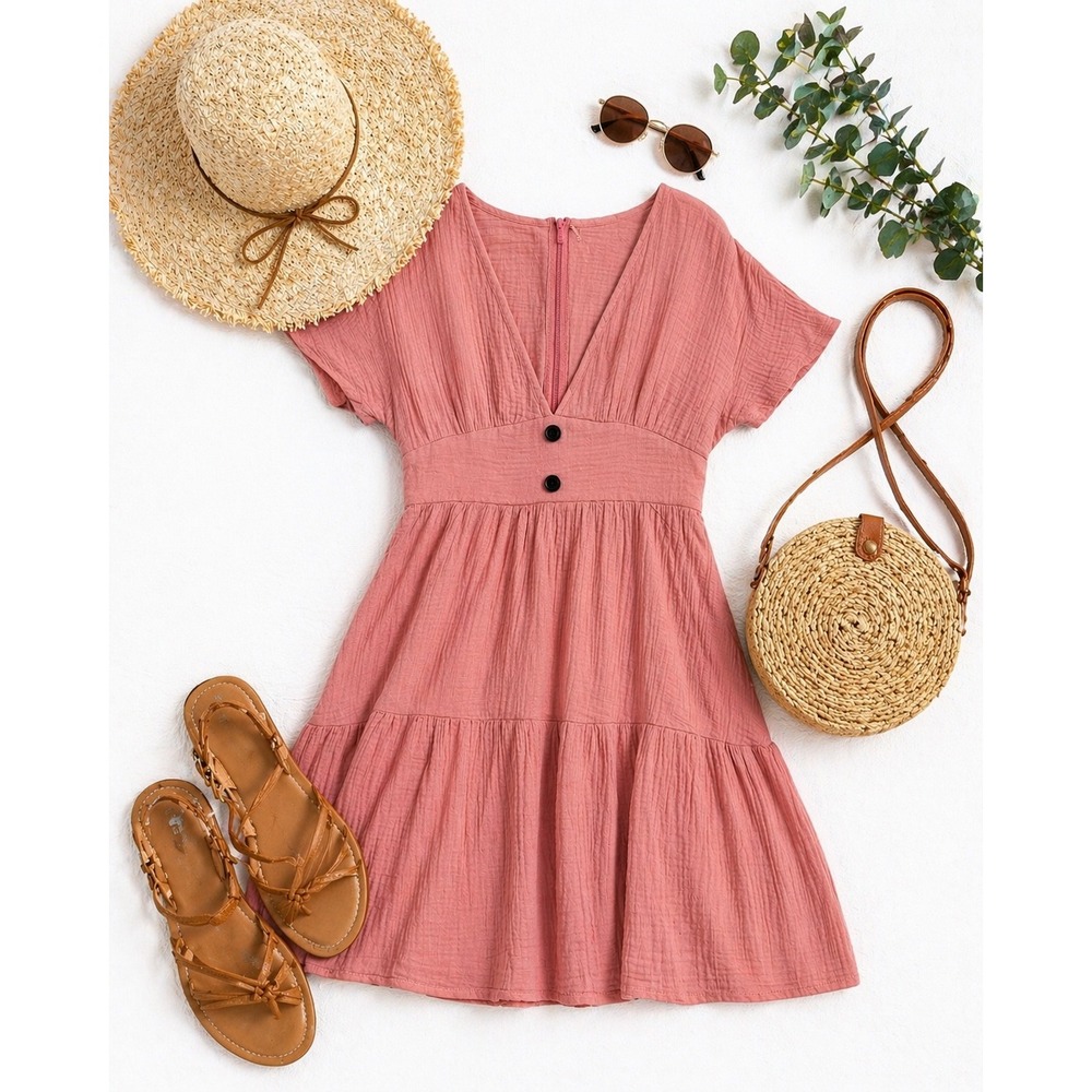 Pink Cotton Gauze V-Neck Tiered Mini Dress Short Sleeve Boho XS